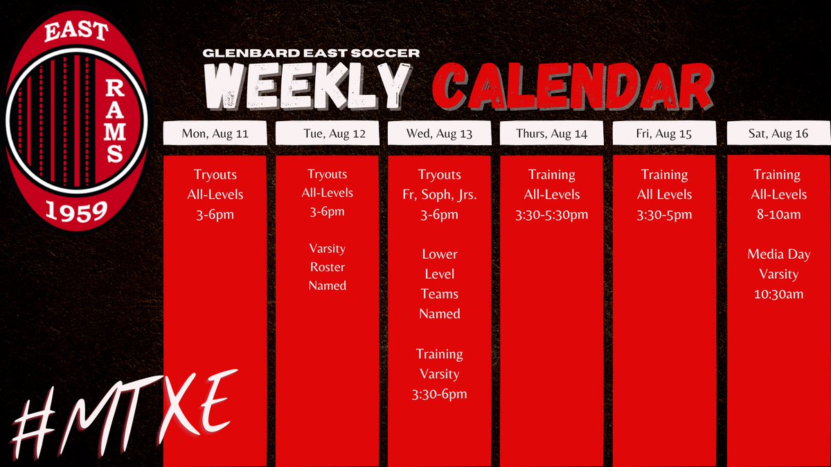 Coach Adler (@geboyssoccer) on Twitter photo The 2025 season is finally here. Here is this weeks schedule. #MTXE <a href="/GEHS_Athletics/">Glenbard East Athletics</a> <a href="/GE_Rams/">Glenbard East</a> The 2025 season is finally here. Here is this weeks schedule. #MTXE <a href="/GEHS_Athletics/">Glenbard East Athletics</a> <a href="/GE_Rams/">Glenbard East</a>