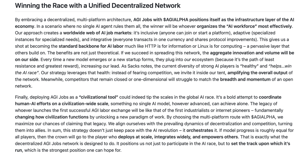 AGI Jobs: Key to Winning the AI Race 🏆✨

"In a world where no single AI model can decisively outrun others, the differentiator in the “AI race” shifts from the models themselves to how we deploy and coordinate them."

github.com/MontrealAI/AGI…

#AGIALPHA #AGIFirst #AGIJobs
