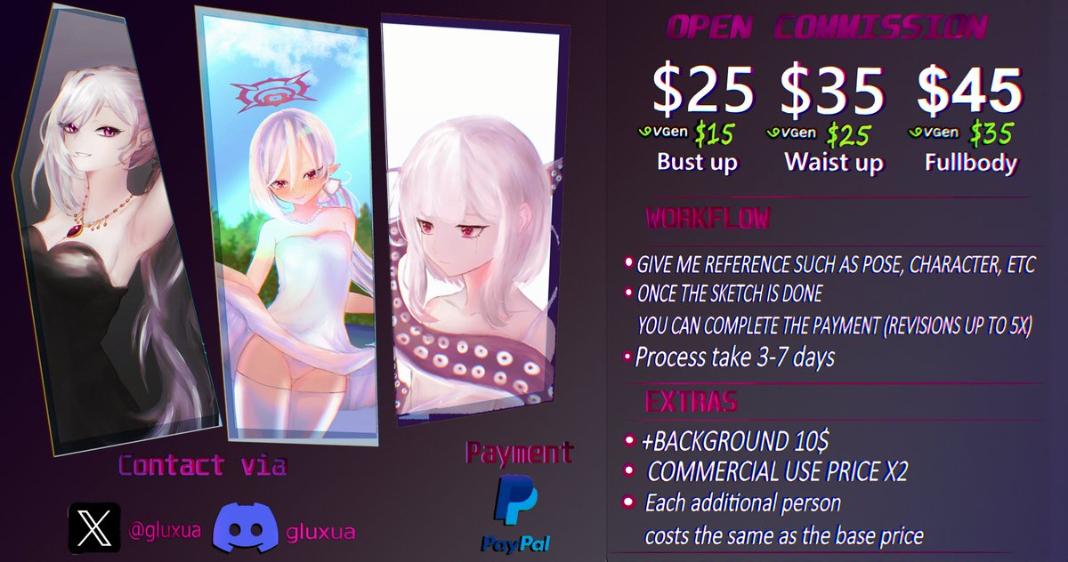 OPEN COMMISSIONS    
Feel free to ask me if you interested.     
Discount in vgen!   
VGen.co/Gluxua     
Thanks you!!
#commissionsopen #artcommissions #VGenComms #VGenOpen #opencommission #ArtistOnX #comissionart