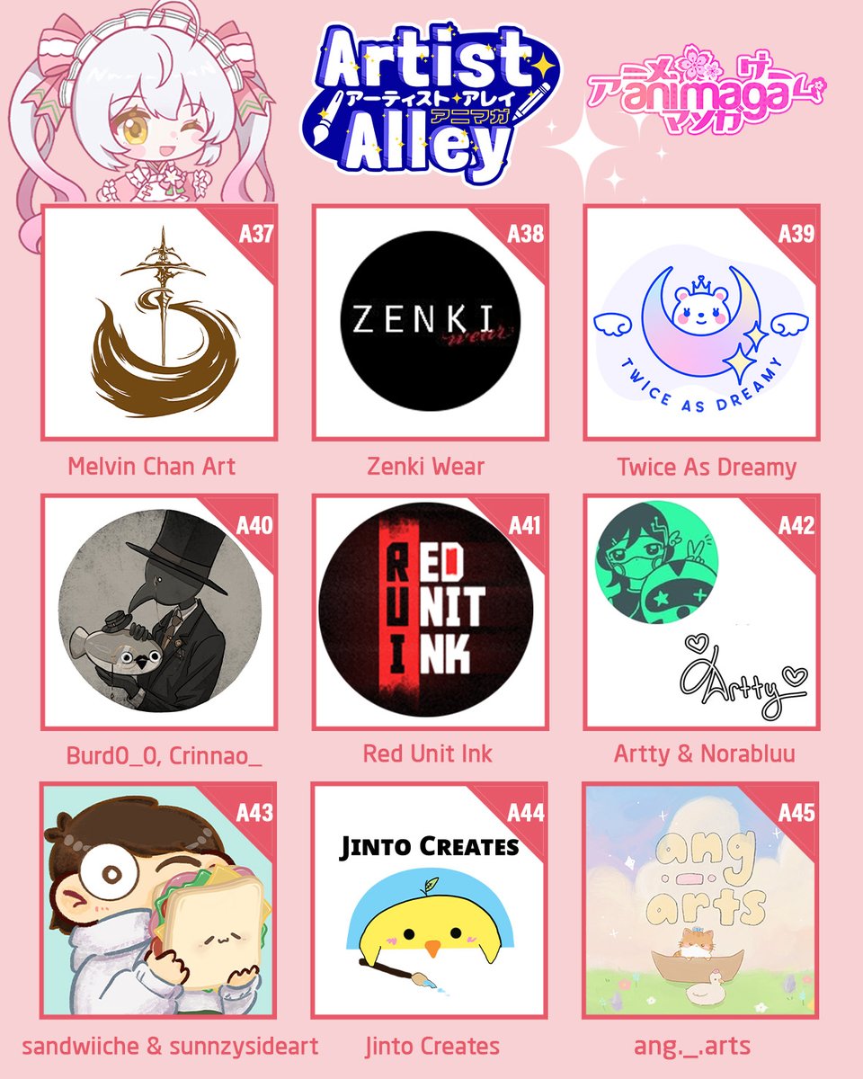 A37–A45 Artist Alley at Animaga 2025! <a href="/MelvinChanart/">Melvin Chan</a>  zenkiwear <a href="/twiceasdreamy/">Twice As Dreamy</a> burd0_o crinnao_ <a href="/RedUnitInk/">Red unit Ink</a> arttyart norablui sandwiiche sunnysideart jintocreates ang._.arts, see them Aug 23–24 in Melbourne!

🎟 Tickets: animaga2025.eventbrite.com.au