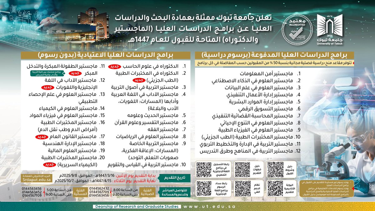 #إعلان:
تُعلن #جامعة_تبوك، عن فتح باب القبول في #برامج_الدراسات_العليا للعام الجامعي 1447هـ،  في البرامج  (المجانية والمدفوعة).
تفاصيل البرامج والشروط موضحة في دليل القبول:

🔗 shorturl.at/aHWiC

<a href="/U_Tabuk/">جامعة تبوك</a>