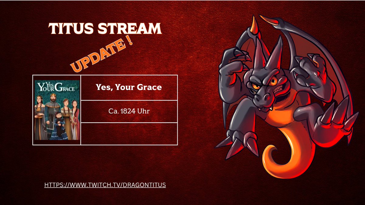 Heute werden wir Könige für einen Tag in "Yes, your Grace" sein.
Taucht gerne mit mir ab, in ein prunkvolles abenteuer, über ein Lurk freue ich mich natürlich auch. ☺️

🐉1824 Uhr Live @ Twitch: 
twitch.tv/dragontitus 

#twitch #TwitchDe #stream #streamer #affiliate #cozy