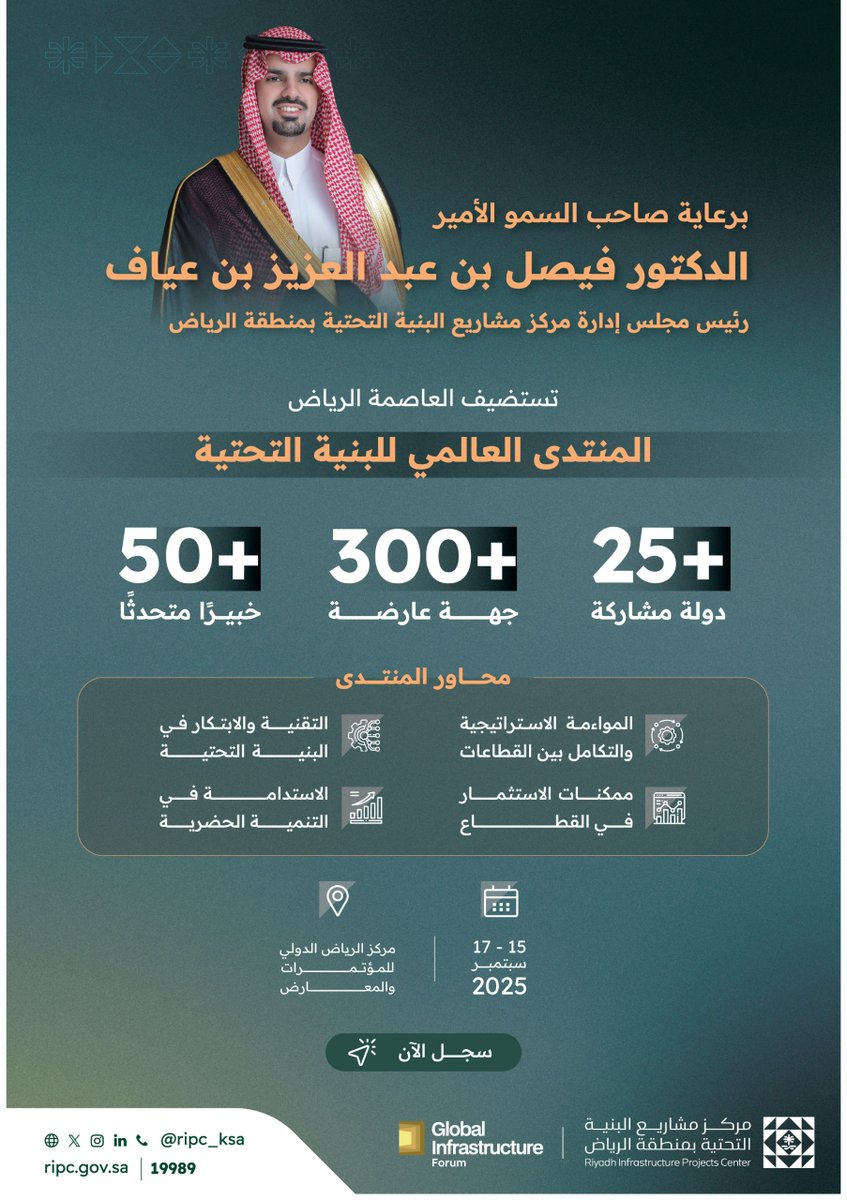 برعاية صاحب السمو الأمير الدكتور فيصل بن عيّاف.. 
تستضيف الرياض المنتدى العالمي للبنية التحتية.

📅 15 - 17 سبتمبر 2025م
📍 مركز الرياض الدولي للمؤتمرات والمعارض

🔗 سجل الآن |
globalinfrastructureexpo.com/global-infrast…