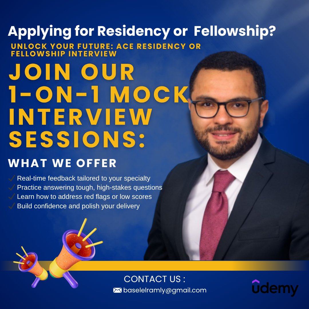🌟 Applying for residency or fellowship? 🌟
Boost your confidence with a 90-min mock interview w/ Dr. Basel Abdelazeem (Cardiology Fellow – WVU).
✔ 3 interview styles
✔ Full feedback
💻 Zoom + recording
📩 DM to book
🎯 Course: bit.ly/3YourLink

#ResidencyInterview