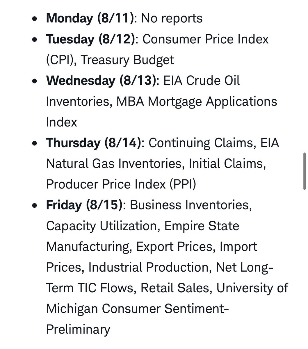 Week ahead 🎞️:

▪️ 🚨 CPI Tue
▪️ $SE $CRCL $CAVA $CRWV earnings Tues
▪️ 🚨 PPI Thurs 
▪️ Retail sales 🛍️ Fri
▪️ OPEX options expiration Fri

▪️  𝗙𝗥𝗘𝗘 newsletter: —&gt; TheOneRead.com &lt;— $SPX $QQQ