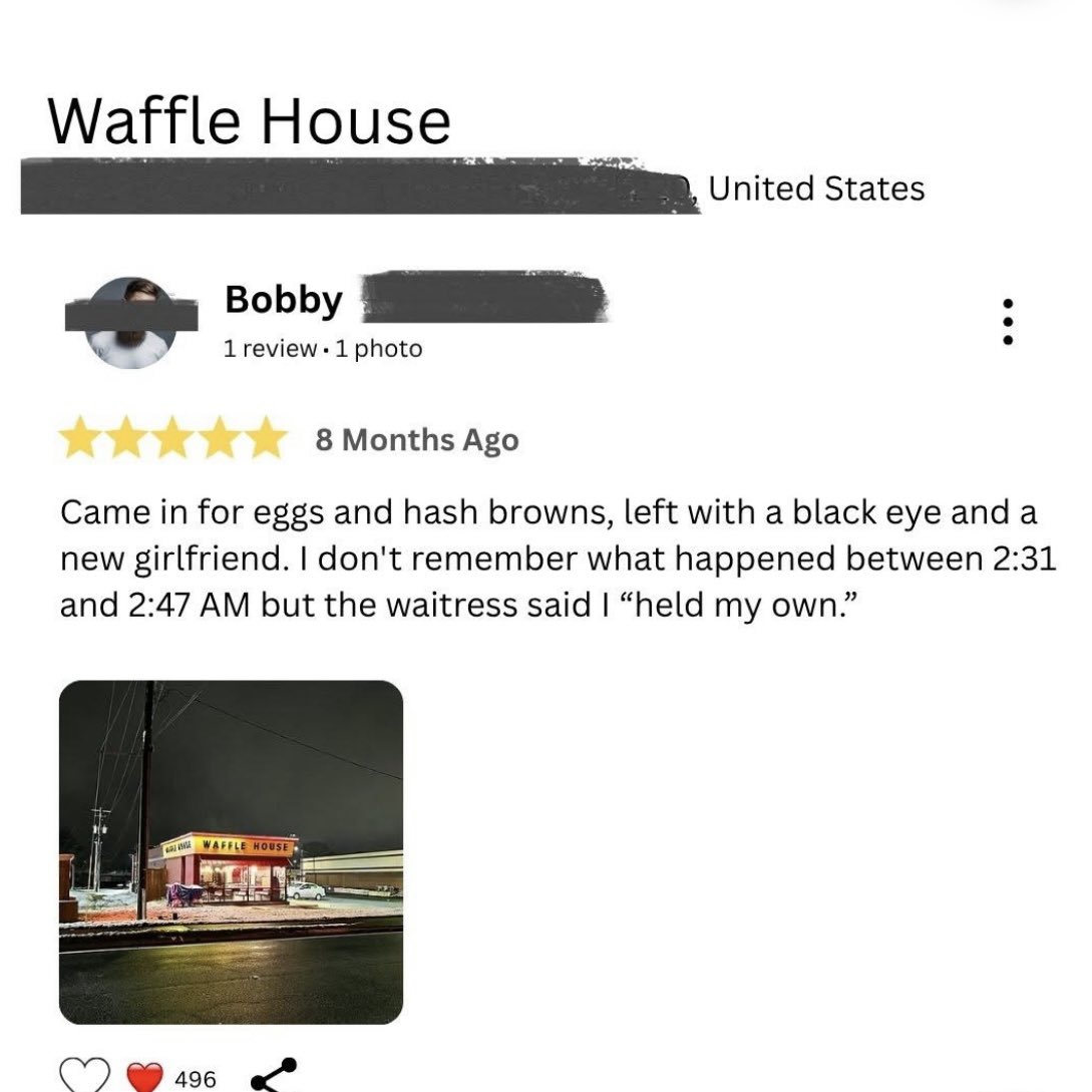 GAFollowers's tweet photo. Waffle House review 🤣 https://t.co/1ZDQIASShH