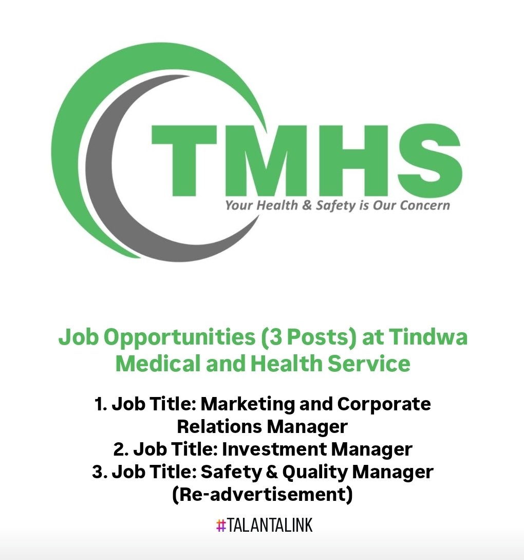 TalantaLink's tweet image. Job Opportunities (3 Posts) at Tindwa Medical and Health Service 
Apply through this link: 👇
talantalink.com/job/job-opport…
____
#talantalink #nafasizakazi #ajira #ajirampya #talantalinkjobs #tanzaniajobs #tmhs #tmhsjobs #jobopportunities #jobsearch #jobvacancy #jobseeker #opportunity