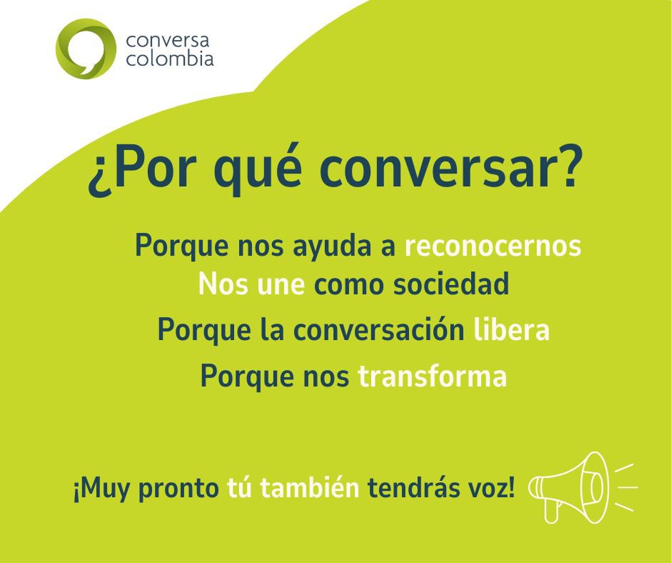 Creemos en el valor de la conversación y en su importancia vital para una democracia. Por eso, fomentamos espacios de diálogo que contribuyan a la construcción de un país más participativo y unido.

¡Haz parte de esta conversación! 

👉 forms.gle/DJhDJPEbQL9YLD…

#ConversaColombia