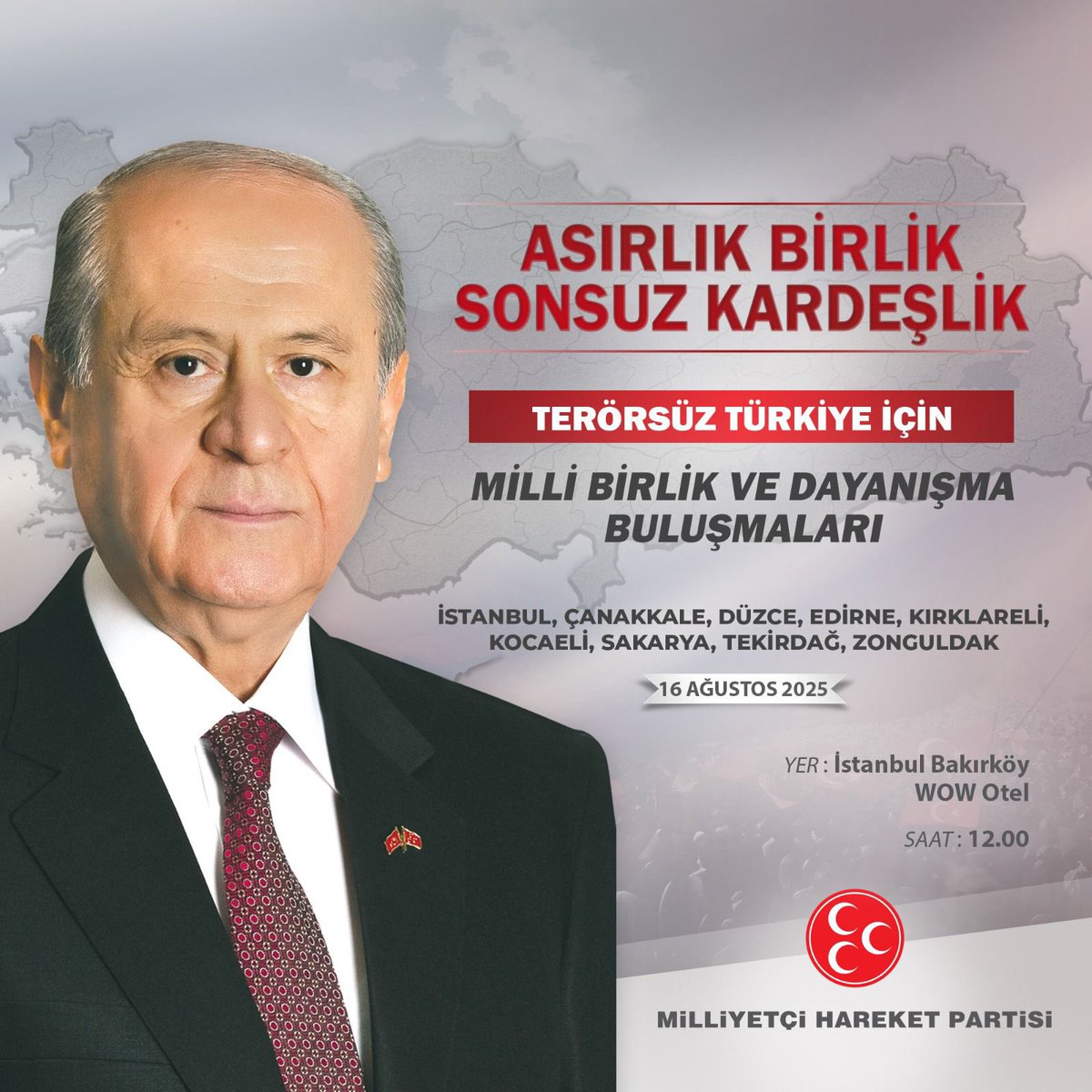 MHP Şile (@mhp_sile1) on Twitter photo Asırlık Birlik
Sonsuz Kardeşlik
İstanbul, Çanakkale, Düzce, Edirne, Kırklareli, Kocaeli, Sakarya, Tekirdağ, Zonguldak
📆 16 Ağustos 2025 - Cumartesi
⏰ Saat: 12.00
📍 Yer: İstanbul Bakırköy WOW Otel
<a href="/_MHPistanbul_/">MHP İstanbul</a> <a href="/sertel_selim/">Sertel Selim</a>
#MHPŞile #AsırlıkBirlik #SonsuzKardeşlik Asırlık Birlik
Sonsuz Kardeşlik
İstanbul, Çanakkale, Düzce, Edirne, Kırklareli, Kocaeli, Sakarya, Tekirdağ, Zonguldak
📆 16 Ağustos 2025 - Cumartesi
⏰ Saat: 12.00
📍 Yer: İstanbul Bakırköy WOW Otel
<a href="/_MHPistanbul_/">MHP İstanbul</a> <a href="/sertel_selim/">Sertel Selim</a>
#MHPŞile #AsırlıkBirlik #SonsuzKardeşlik