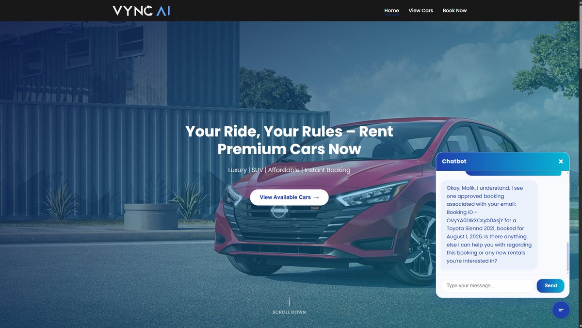 vync_ai's tweet image. No more forms or long wait times.

Our AI chatbot now books cars, cancels, sends OTPs, and even connects users to support — all in seconds.

Built this for a client who wanted full automation.

Try it live: chatbot.vyncai.com

#Chatbot #AI #Automation #CustomerSupport