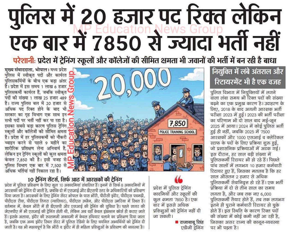 Blue Flag Tribe (@blueflagtribe) on Twitter photo मध्य प्रदेश पुलिस में 20,000 पद रिक्त, लेकिन एक बार में भर्ती सिर्फ 7,850 ही!
ट्रेनिंग स्कूलों की सीमित क्षमता और लंबी नियुक्ति प्रक्रिया से युवा परेशान।
#MPPolice #MPJobs #MPYouth
<a href="/DGP_MP/">DGP MP</a> <a href="/HIRA_ALAWA/">Dr. Hiralal Alawa</a> <a href="/jitupatwari/">Jitendra (Jitu) Patwari</a> मध्य प्रदेश पुलिस में 20,000 पद रिक्त, लेकिन एक बार में भर्ती सिर्फ 7,850 ही!
ट्रेनिंग स्कूलों की सीमित क्षमता और लंबी नियुक्ति प्रक्रिया से युवा परेशान।
#MPPolice #MPJobs #MPYouth
<a href="/DGP_MP/">DGP MP</a> <a href="/HIRA_ALAWA/">Dr. Hiralal Alawa</a> <a href="/jitupatwari/">Jitendra (Jitu) Patwari</a>