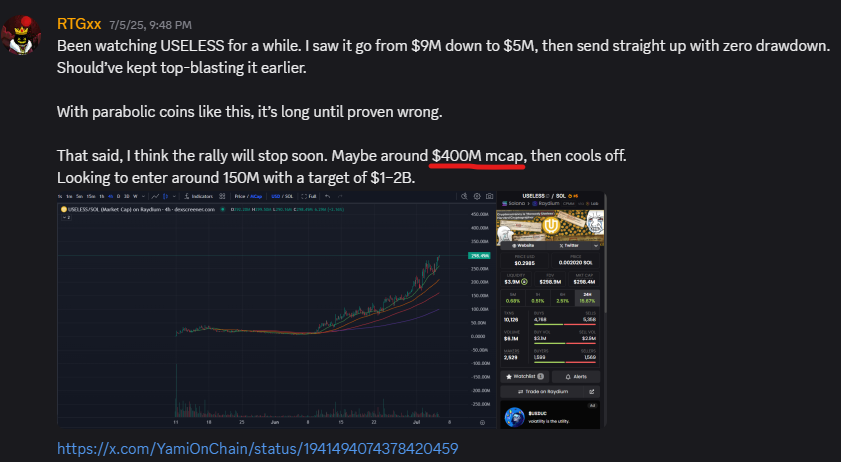 400M mcap perfectly hit on $USELESS
Holding stronger than expected, starting to scale bids around $200M

If it dips to 150–180M, I’ll add heavier.
Still targeting billions in mcap range. Let’s see how far this can go.