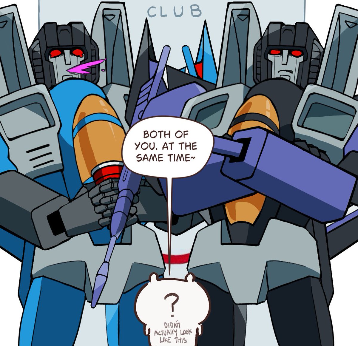 sgrimp_'s tweet image. I had a dream there was a decepticon club and the person in front was flirting with the bouncers like this 😭
(sorry #skywarp and #thundercracker)
#transformers