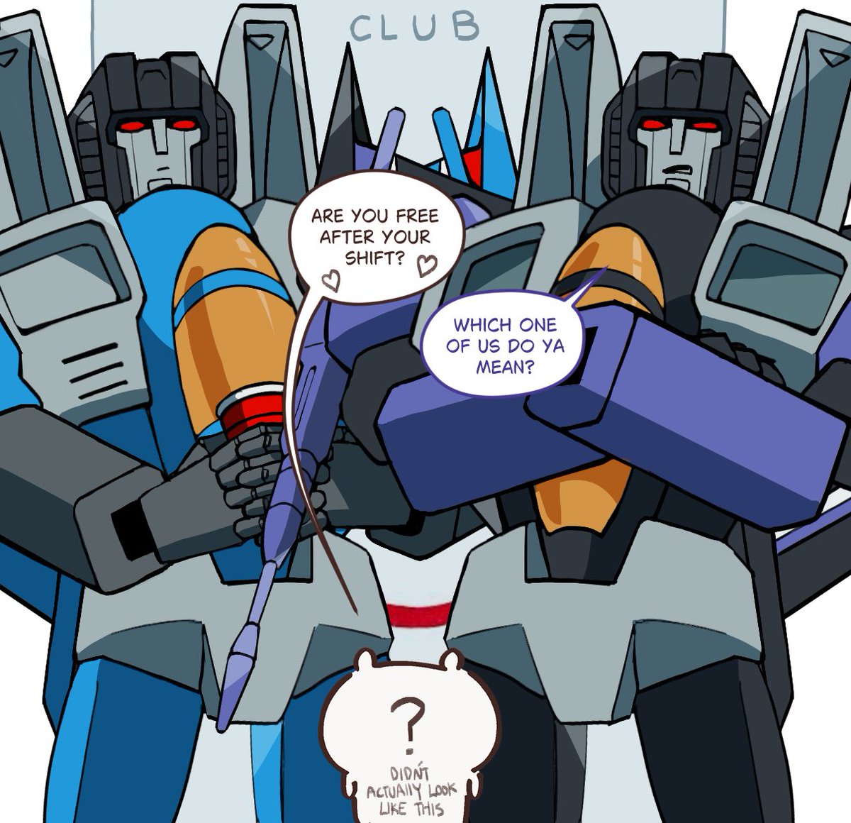 sgrimp_'s tweet image. I had a dream there was a decepticon club and the person in front was flirting with the bouncers like this 😭
(sorry #skywarp and #thundercracker)
#transformers