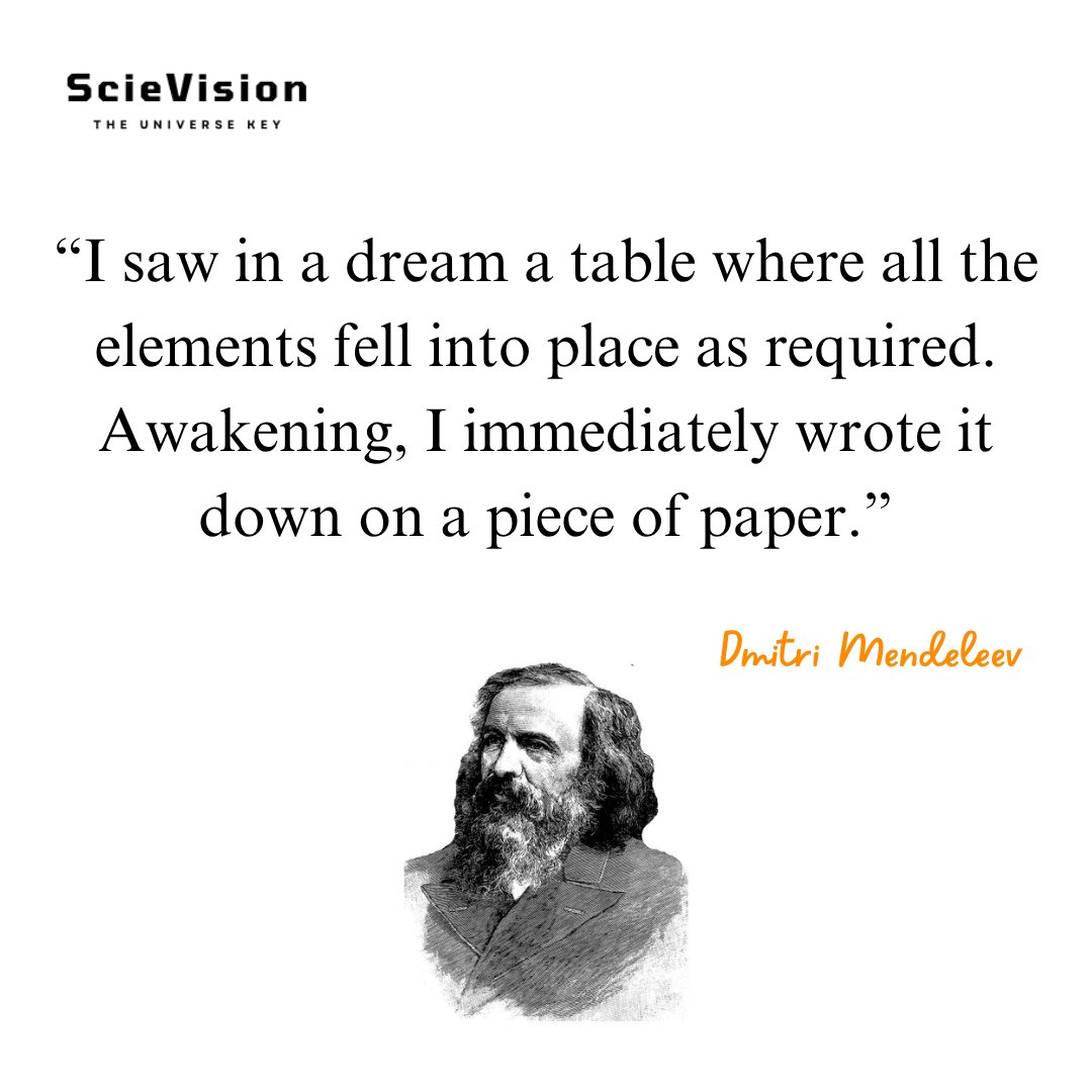 scievision369's tweet image. “I saw in a dream a table where all the elements fell into place as required. Awakening, I immediately wrote it down on a piece of paper.”

― Dmitri Mendeleev ✍️

Attributed to Dmitri Mendeleev, this refers to his breakthrough in developing the periodic table. Struggling to…