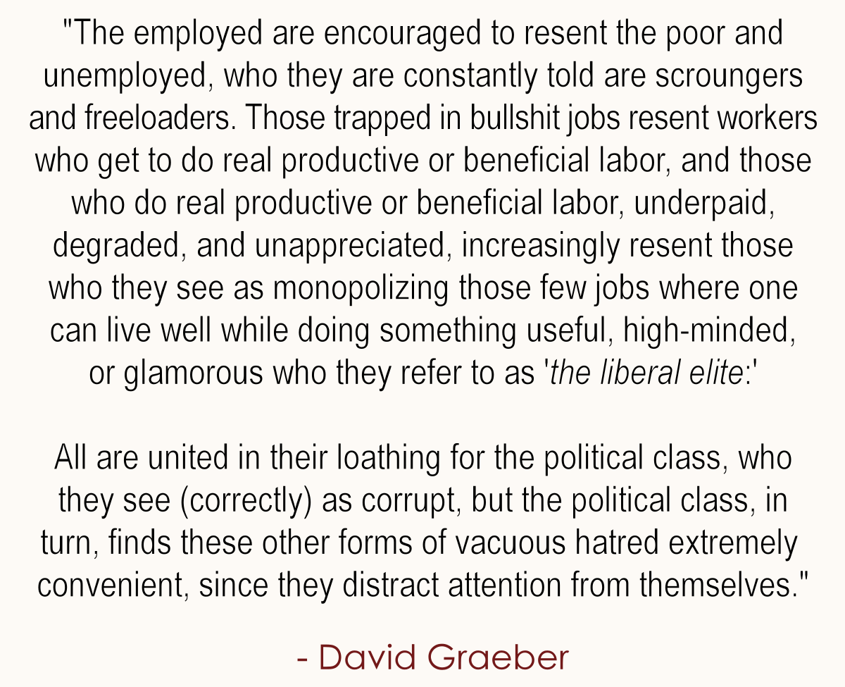 This is a passage from the book, Bullshit Jobs.   

Here David Graeber gives a good explanation of how the political class like the tactic of divide and rule.
