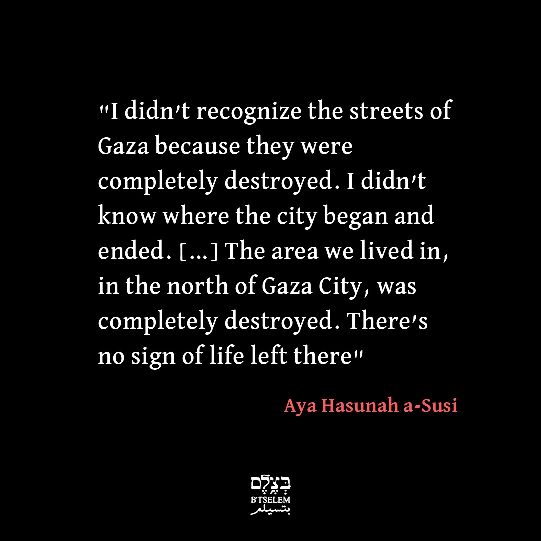 Aya Hasunah a-Susi’s husband and three young children were killed before her eyes in an airstrike on an IDP camp in al-Mawasi. Still mourning, Aya, 31-year-old,  made the decision to return alone to Gaza – the city where she was born and where she had raised her children – only