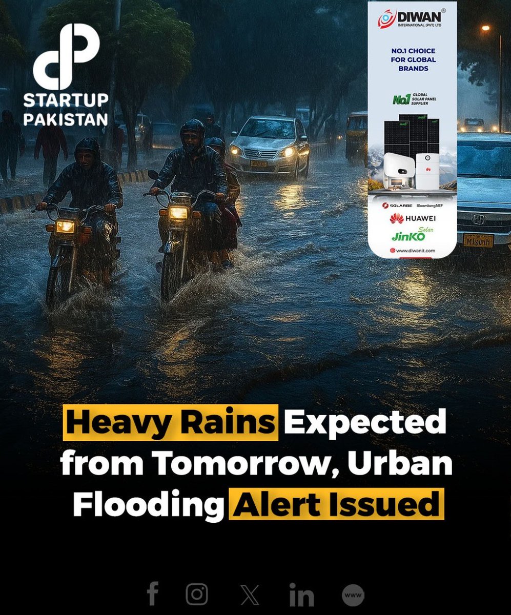 PakStartup's tweet photo. The Pakistan Meteorological Department (PMD) has forecast more rain, wind, and thundershowers across upper and central Pakistan in the coming week, warning of possible urban flooding.
Image is AI Generated and is just for reference.
#PakistanRain #MonsoonAlert #PMDWarning https://t.co/9DdYkMX7C4