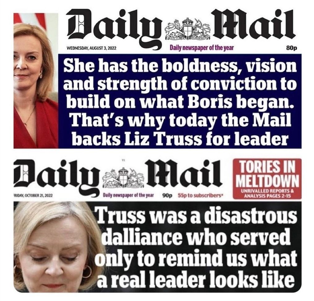 Flashback to THIS DAY in 2022 and this outstanding support re Liz Truss by the Daily Mail.

Accompanied by the October VolteFace.