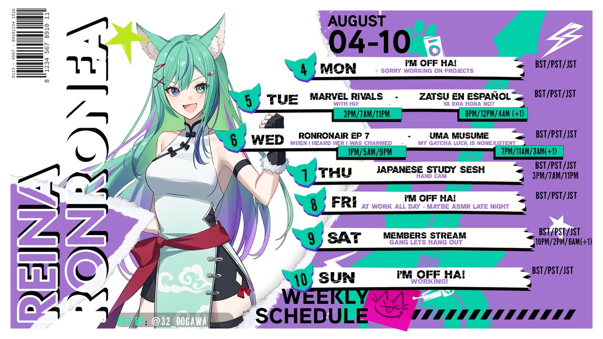 ReinaRonronea's tweet photo. 🗓️SCHEDULE! August 4th - 10th🗓️

👉RonronAir EP 7 - another angelical voice
👉Japanese Study Sesh - I need to lock in
👉ESP only Stream. Hablamos solo en Español

🐈‍⬛#ReinaRonronea
🎞️#Ronroclips 
🎨#RonroneArt 
🔞#Yabeina 
Maros: https://t.co/I6PM7PUdmh https://t.co/3XPRMxgjdH