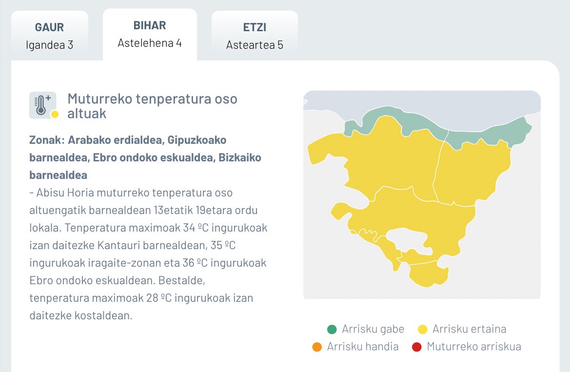 112_SOSDeiak's tweet photo. 📆Abuztuak 4, astelehena

🟡 #AbisuHoria

🌡️ Muturreko tenperatura oso altuengatik barnealdean 13etatik 19etara https://t.co/0nZJGla23p