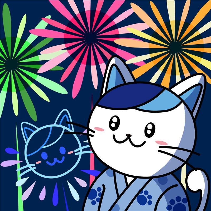 🎆夜空に咲く、大輪の笑顔にゃん🌟 夏といえば花火大会🎇 浴衣を着て