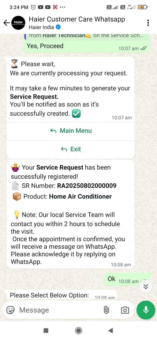 dee_jay316's tweet photo. @HaierIndia I raised a complaint RA20250802000009 via WhatsApp on Saturday. Got a whatsapp reply: local team will contact in 2 hrs. It's been 24+ hrs, no call. Now customer care says 24–48 hrs. Who's right—WhatsApp or call center? #PoorService #Haier https://t.co/VBs9AlUKaV