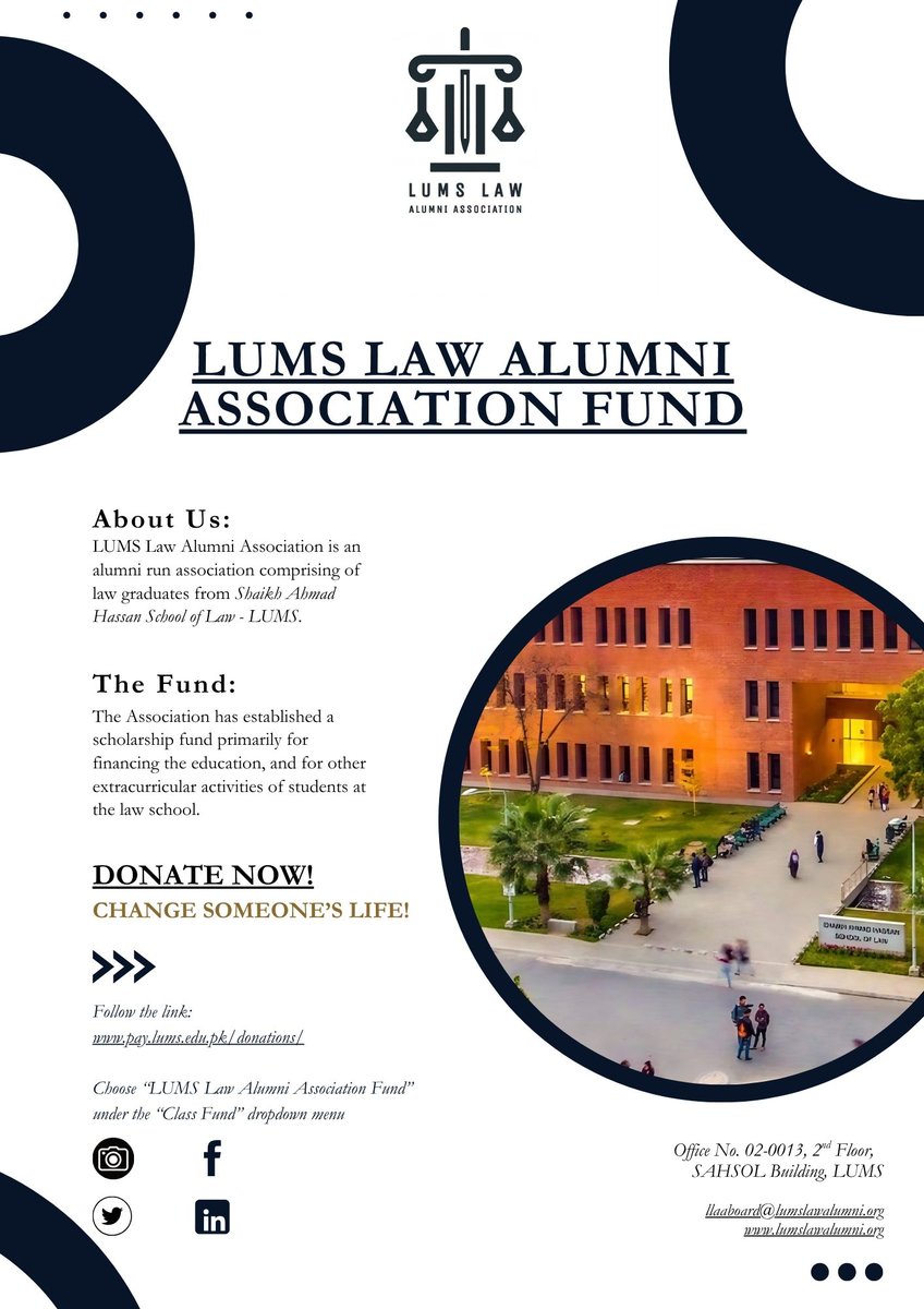 LUMSLawAlumni's tweet photo. The LLAA Fund has been established to finance the  deserving students at SAHSOL.

Please follow the link, select “LUMS Law Alumni Association Fund” under the Class Fund drop down menu &amp; donate. 

https://t.co/MF7tb7Wxpn

#LUMS #Donations #SAHSOL #LawAlumni #nop #financialaid https://t.co/1X0fSJjVtw