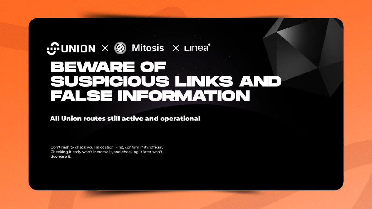 Heads up, everyone! Safety first!

Sure, the TGE buzz around <a href="/union_build/">Union</a>, <a href="/LineaBuild/">Linea.eth</a>, and <a href="/MitosisOrg/">Mitosis</a> is on fire. But beware, suspicious links are everywhere.

False info is spreading like wildfire, all for some extra yaps and mindshare.

Unfortunately, people are doing these