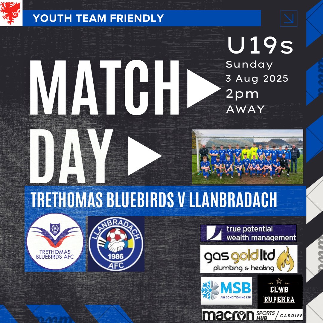 ⚽️TODAYS YOUTH TEAM ACTION⚽️
👉🏼U19s AWAY 
🏆Friendly
⏰2pm KO
🆚Llanbradach

Come along &amp; support the lads in their first friendly outing of preseason👏🏼👏🏼👏🏼⚽️💙