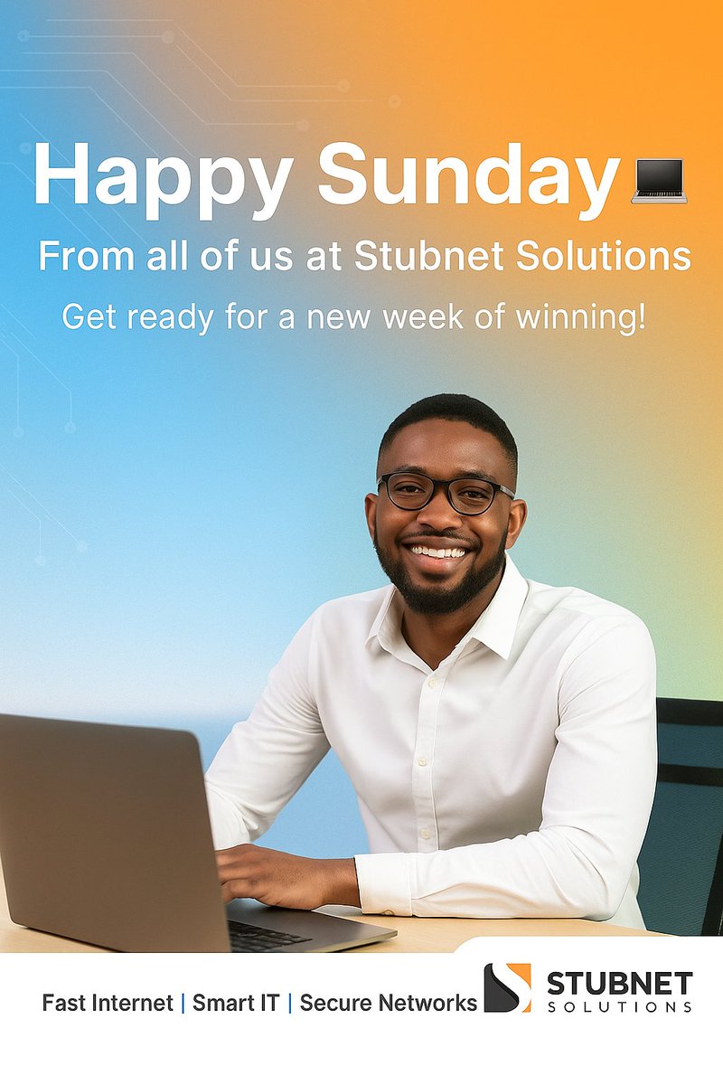 stubnet2's tweet photo. Happy Sunday from Stubnet Solutions!
As the sun sets on the weekend, may your heart be light, your mind refreshed, and your week ahead filled with productivity and progress. 
This new week, let us handle the tech so you can focus on your goals. https://t.co/MbJNk89xl1