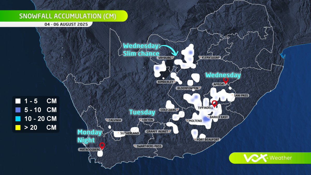VoxWeatherZa's tweet photo. 🌧️❄️ Snow Forecast &amp; Rainfall Accumulation | 04–06 August 2025 ❄️🌧️

#VoxWeather #SnowInSA #Rainfall #ColdFront #CutOffLow #SouthAfrica #WinterWeather https://t.co/f20GNzm6kM