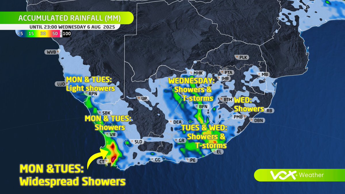 VoxWeatherZa's tweet photo. 🌧️❄️ Snow Forecast &amp; Rainfall Accumulation | 04–06 August 2025 ❄️🌧️

#VoxWeather #SnowInSA #Rainfall #ColdFront #CutOffLow #SouthAfrica #WinterWeather https://t.co/f20GNzm6kM
