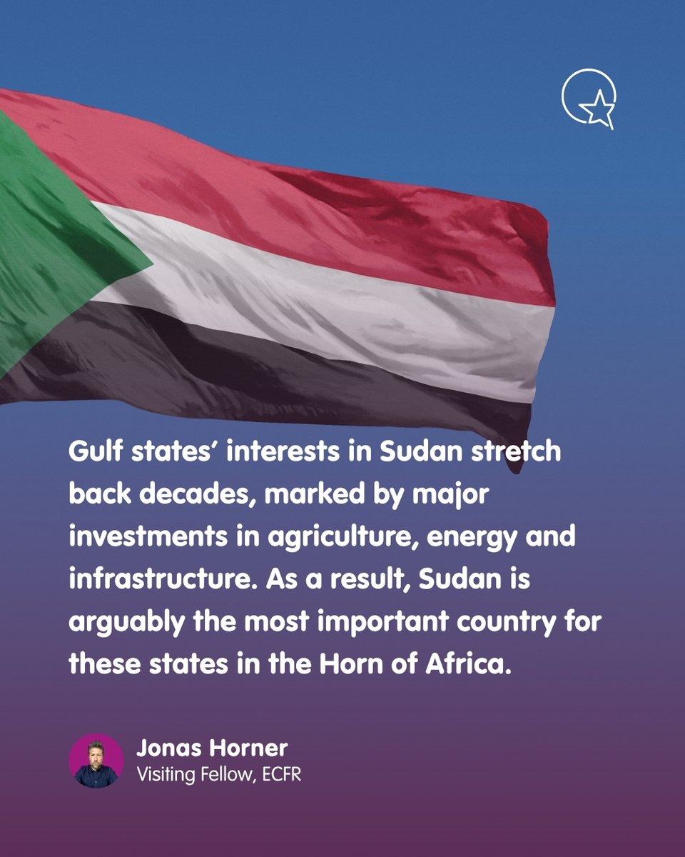 ecfr's tweet photo. Visiting Fellow @jonas_horner's latest policy brief on Arab Gulf states' entanglement in the war in Sudan. Horner argues that European policymakers can support long-term stability in Sudan by improving their understanding of Gulf interests and engagement strategies @ECFRAfrica 
Click to read the brief in full: https://t.co/55mlCIrxdI