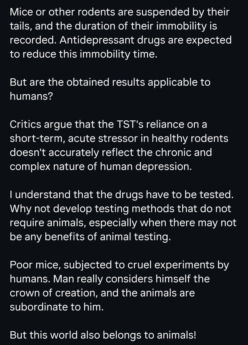 WeAreNotFood's tweet photo. TST, or tail suspension test, is a widely used test for testing antidepressants.
The test was developed in France. It is used to evaluate the potential effectiveness of antidepressants. (The video is from China)
#developtestwithoutanimals #notoanimaltest #tst #noanimaltesting https://t.co/2z01NgV3uK