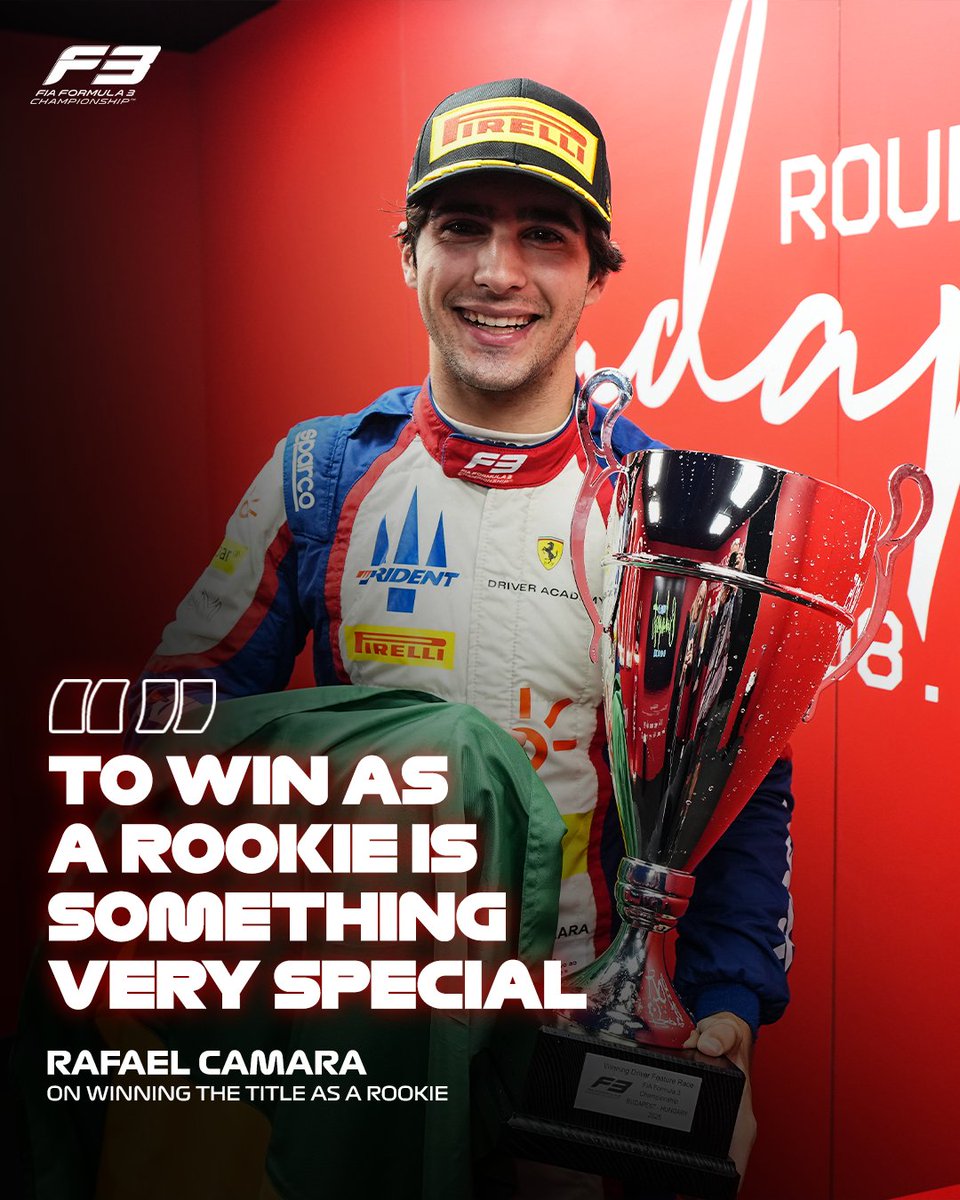 Formula3's tweet photo. Rookie sensation, Rafael Camara! 👏✨

Winning the Championship is one thing, winning the Championship as a rookie is another! 🏆

#F3 #HungarianGP https://t.co/2ebIvGFbRB