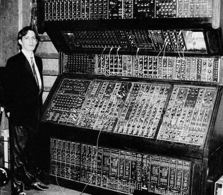 German film score composer Hans Zimmer with his Moog modular in the early 80s.