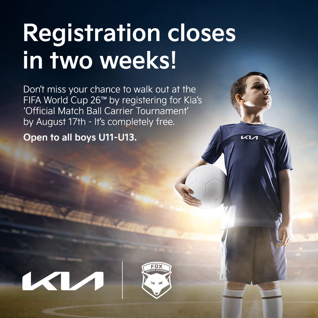 foxsocceracad's tweet photo. TWO WEEK COUNTDOWN!

Only 2 weeks left to register for the Kia UK OMBC Tournament - your chance to walk out at the FIFA World Cup 26™

Registration is free and takes 2 minutes. Info sessions and key updates will only be sent to those who register by 17 August.

🔗 Link below https://t.co/d1O1Yim4GY