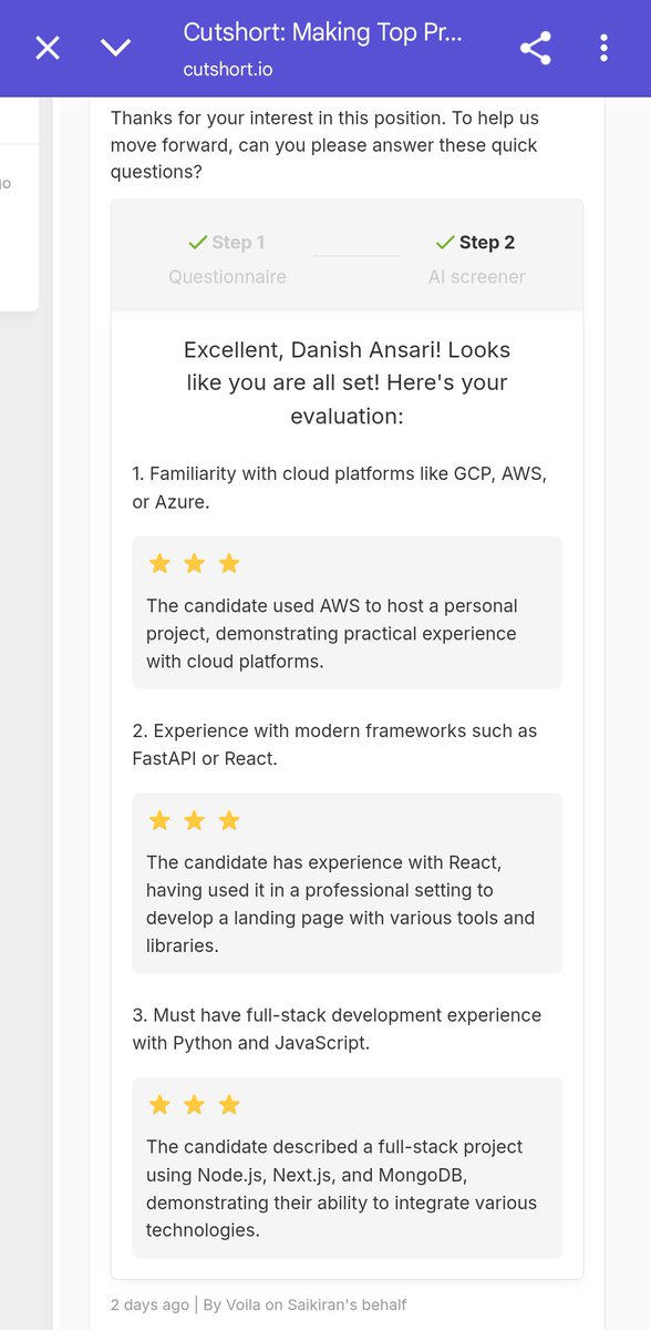 Danish_Devx3's tweet photo. Just did an AI interview on Cutshort.
It asked like a real tech guy.

I answered live. It recorded, transcribed, and evaluated me.

Didn’t expect AI to interview me better than some humans.

Wild.
#AI #TechShift #FullStack #MERN #Cutshort https://t.co/Sksqp0AHVU
