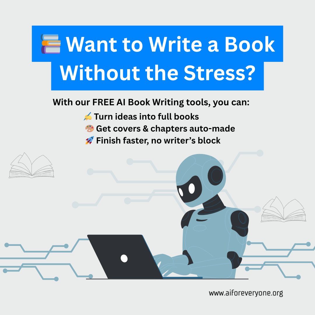 ai_foreveryone_'s tweet image. Writing a book doesn’t have to be stressful. 
Let AI help you turn your ideas into a finished masterpiece! 💡📚

aiforeveryone.org

#AIWritingTools #WriteABook #ProductivityBoost