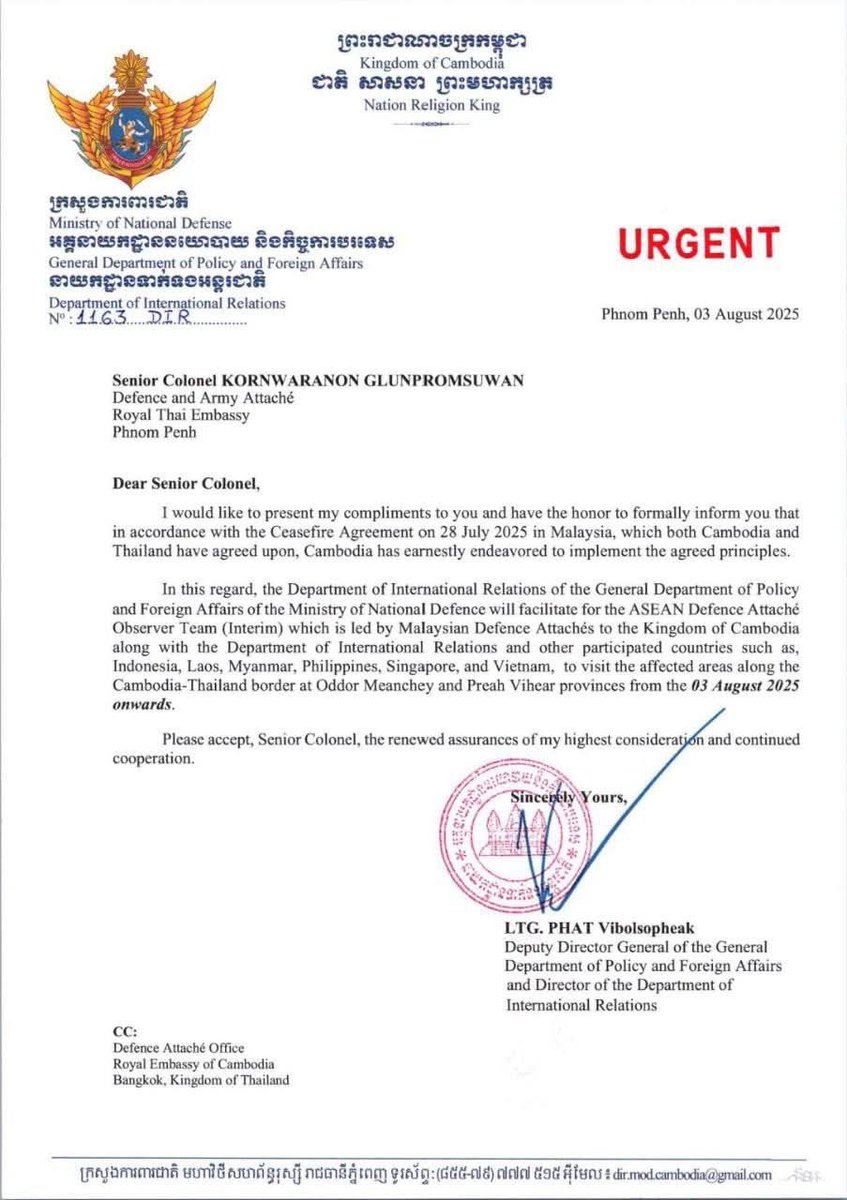 pheaktraneth's tweet image. The spokesperson of the Ministry of National Defense of the Kingdom of Cambodia wishes to inform the public as follows: The Department of International Relations of the Ministry of National Defense has officially notified the Thai Defense Attaché to Cambodia regarding the…