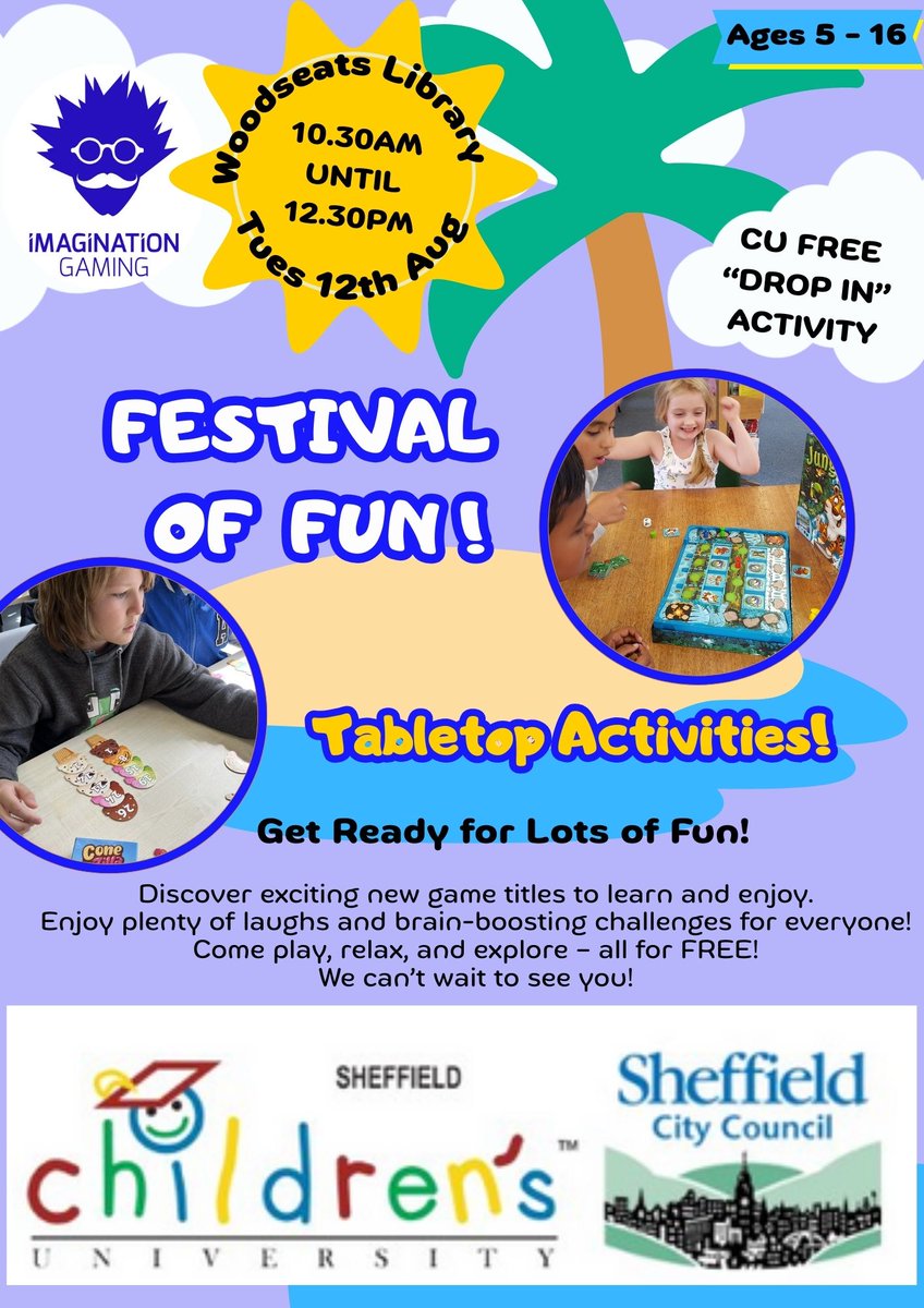 🎉 <a href="/imagigaming/">Imagination Gaming</a> is at @WoodseatsLibrary, #Sheffield  on Aug 12th for the @southyorkshireCU Festival of Fun! 

Enjoy a variety of FREE board games for ages 5-16 &amp; earn CU Credits. No booking needed — let the adventure start! 🎲✨#Familytime #Sheffield #fun