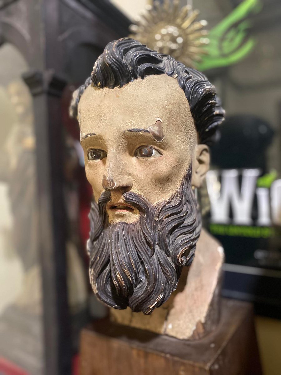 This is perhaps my find of the year. A 19th Century head of a male saint, most likely a San Agustin. Wood. From the Philippines. Ex-collection of Terry Baylosis. Amazing detail of the beard, life-like glass eyes.