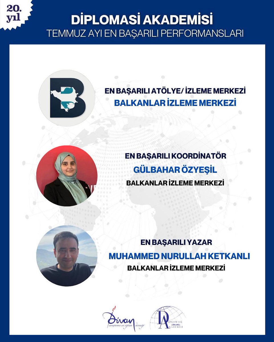 🌟 Diplomasi Akademisi Temmuz Ayı En’leri Belli Oldu! 🌟

🏆 En Başarılı Atölye / İzleme Merkezi:
Balkanlar İzleme Merkezi

🎯 En Başarılı Koordinatör:
Gülbahar Özyeşil

🖋️ En Başarılı Yazar:
Muhammed Nurullah Ketkanlı (Balkanlar İzleme Merkezi)