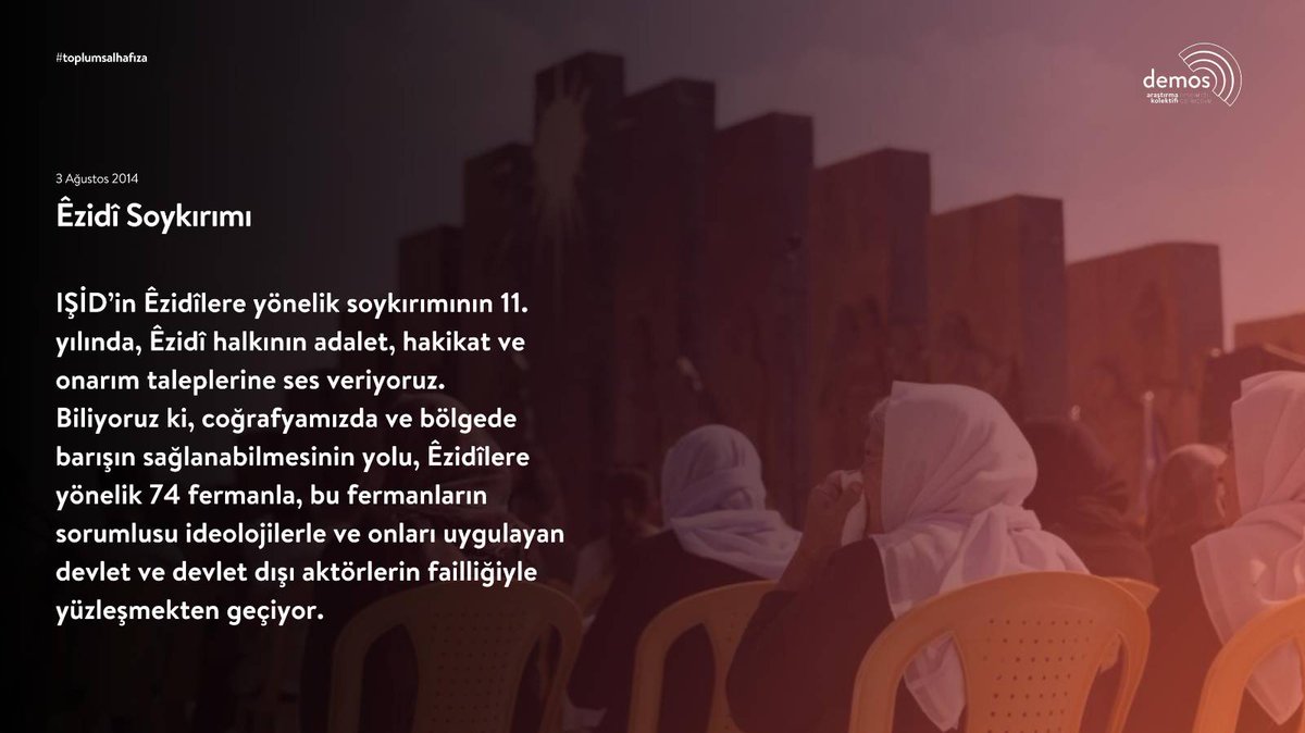 3 Ağustos Êzidî Soykırımı’nın üstünden 11 yıl geçti. 

Êzidîlerin adalet mücadelesi 11 yıldır devam ederken 2.558 Êzidî hâlâ kayıp. Açılan 70’ten fazla toplu mezarda bulunan cenazelerin kimlik tespiti devam ediyor.