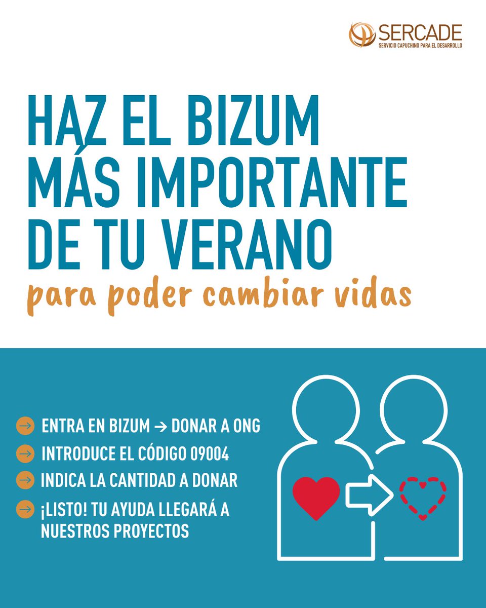 💙 HAZ EL BIZUM MÁS IMPORTANTE DE TU VERANO
💸 Nos pasamos el verano "haciendo bizums". ¿Por qué no hacer uno que marque la diferencia?
💪 Con tu BIZUM solidario para SERCADE podrás cambiar sus vidas.
▪️Entra en #Bizum 
▪️Introduce el código 09004
▪️Indica la cantidad...¡y listo!