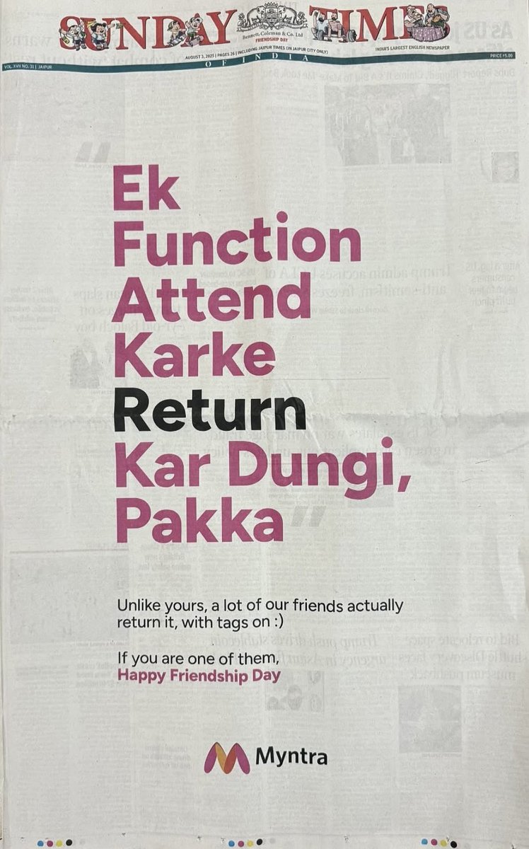 Here is Myntra wishing their true loyal friends - A very happy friendship day in an epic style
😂😂
But let me tell you if you are Myntra’s truly - (this kind of a friend ) sorry boss than we can’t be friends 😄🙏

Happy friendship day to my kinda people who are loyal to Myntra