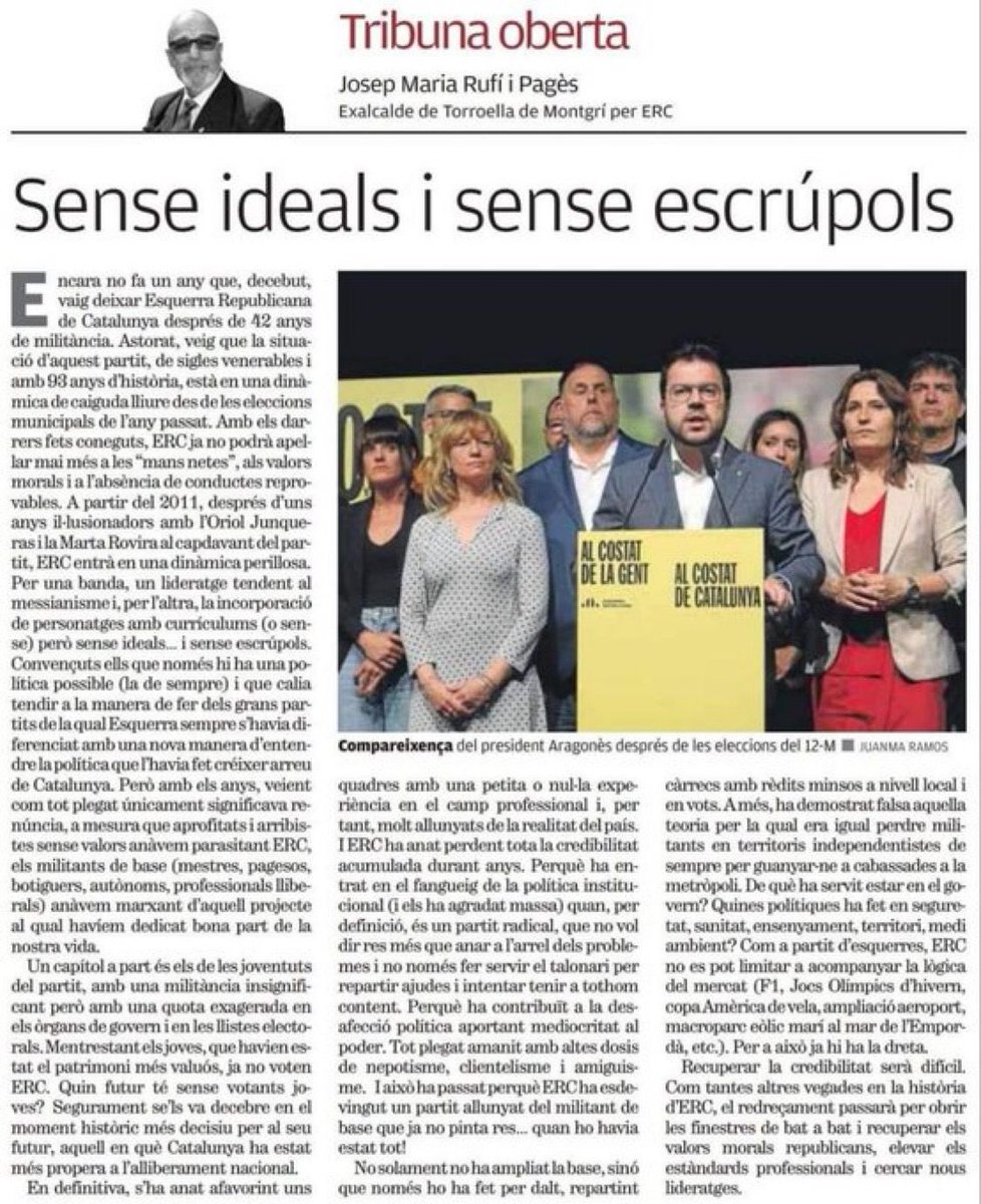 Article de ⁦<a href="/JosepMariaRufi/">Josep Maria Rufí</a>⁩,ho recomano. Comparteixo el fons, la forma i la decepció. I malgrat tot cal anar endavant, n’hi ha molta vida força i compromís més enllà d’unes sigles. És responsabilitat de tots trobar nous camins.