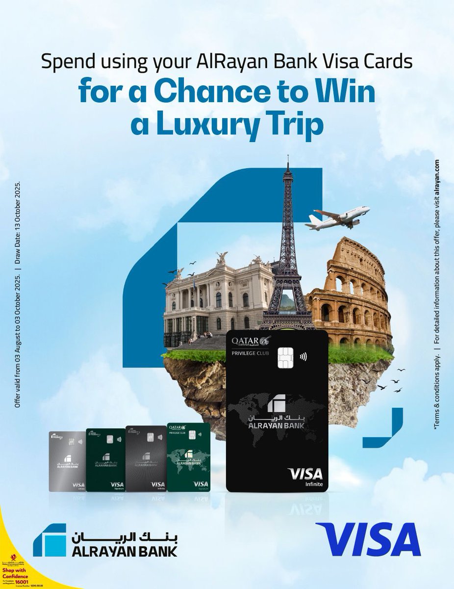 alrayanbankgrp's tweet photo. Luxury travel awaits.
Spend QAR 1,000 with your AlRayan Bank Visa Credit or Eqtisadi Cards and move closer to your dream destination.
Rome, Paris, or Zurich — where will your card take you?
https://t.co/LziHpA9FxW
#AlRayanBank #VisaCards https://t.co/pWiOI491W6