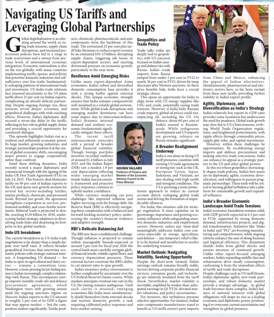 Prof. Gourav Vallabh (@gouravvallabh) on Twitter photo India is turning US tariffs into opportunities by diversifying trade, building global partnerships, and leveraging strong economic growth.
My article in today's <a href="/TheDailyPioneer/">The Pioneer</a> India is turning US tariffs into opportunities by diversifying trade, building global partnerships, and leveraging strong economic growth.
My article in today's <a href="/TheDailyPioneer/">The Pioneer</a>